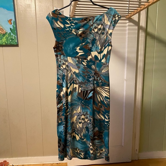 Connected Apparel Cap Sleeve Mock Wrap Dress Teal - Picture 14 of 15